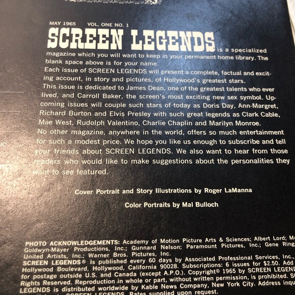 Screen Legends May 1965 James Dean Carroll Baker Fan Magazine Poster Vintage - Picture 7 of 16